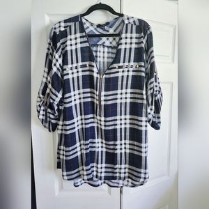 Miss Lili women's plus size 2X blue plaid half zip top.
